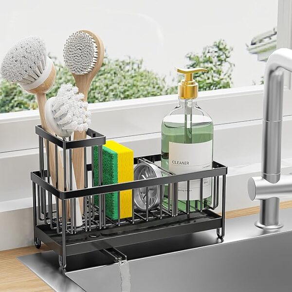 Cisily Black Sponge Holder for Kitchen Sink, Sink Caddy Organizer with High Brush Holder